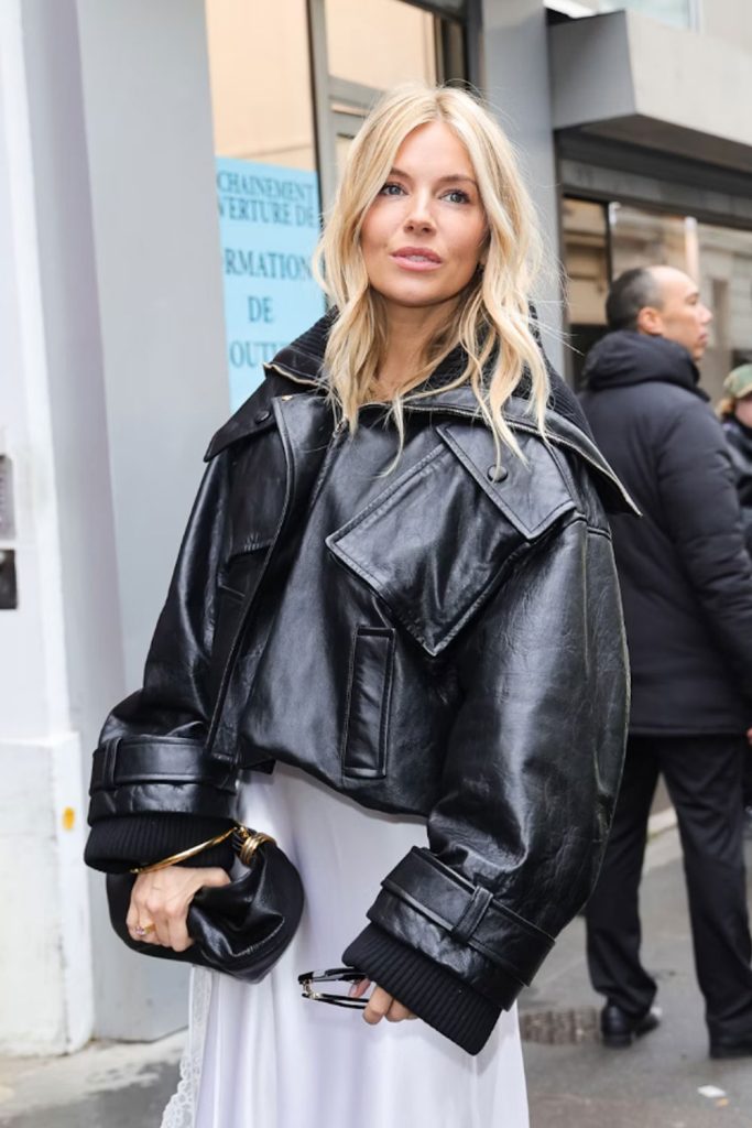 Sienna Millers leather jacket slip dress