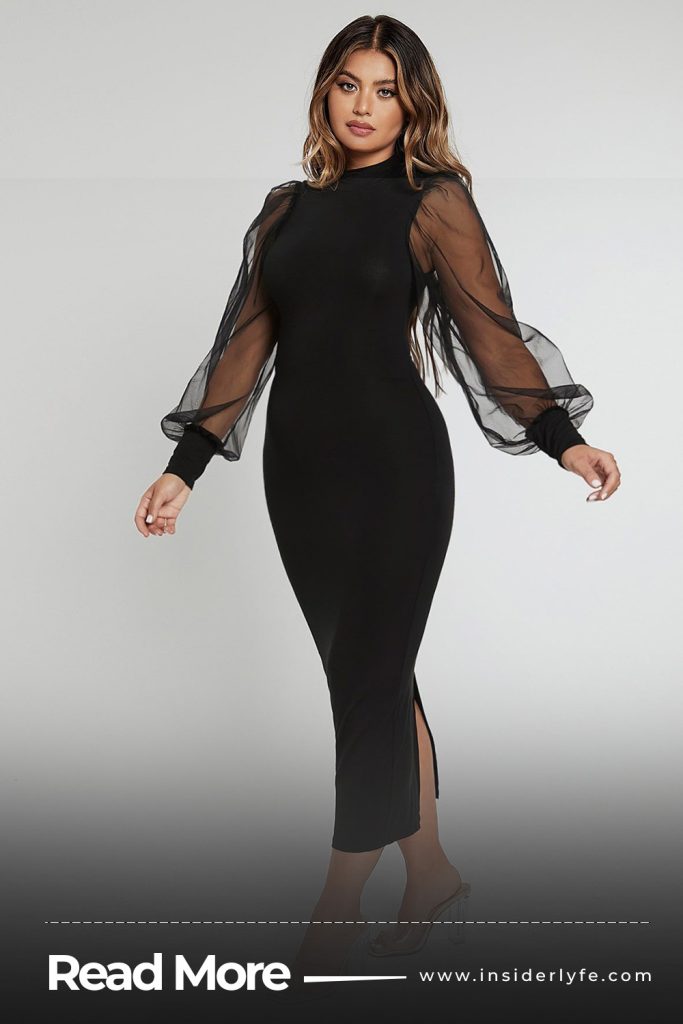 Mock neck contrast mesh lantern sleeve split hem dress