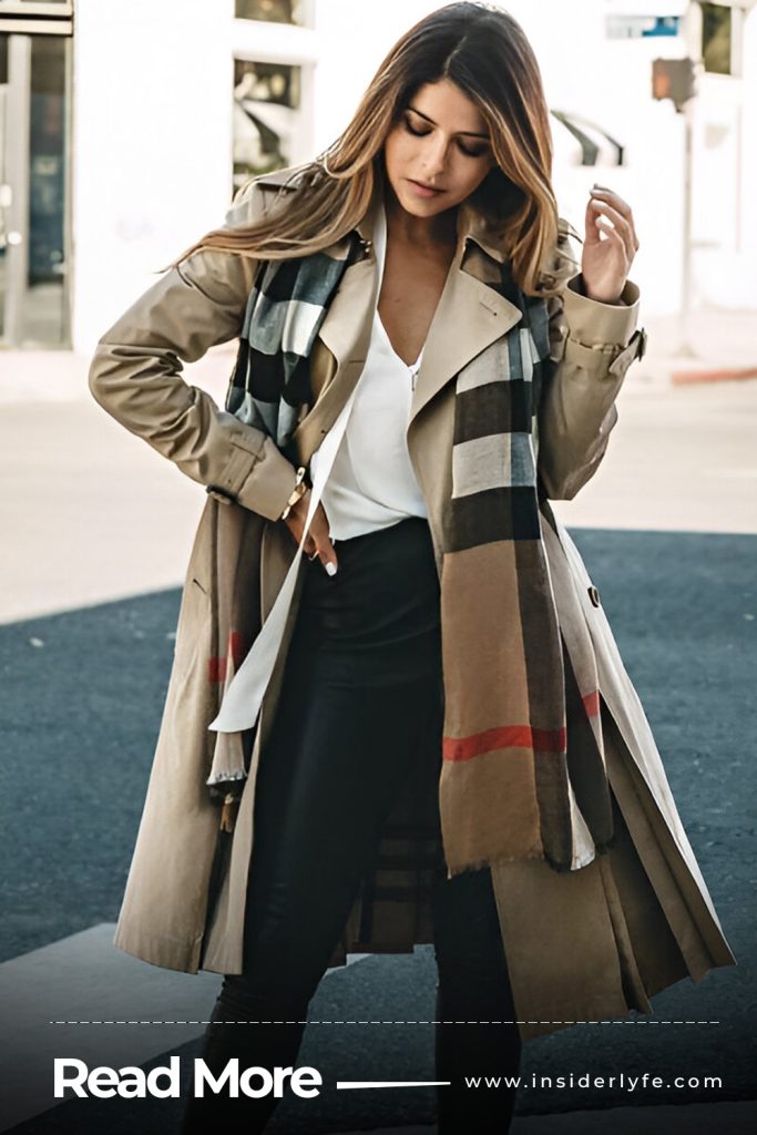 Trench Coat and Printed Scarf