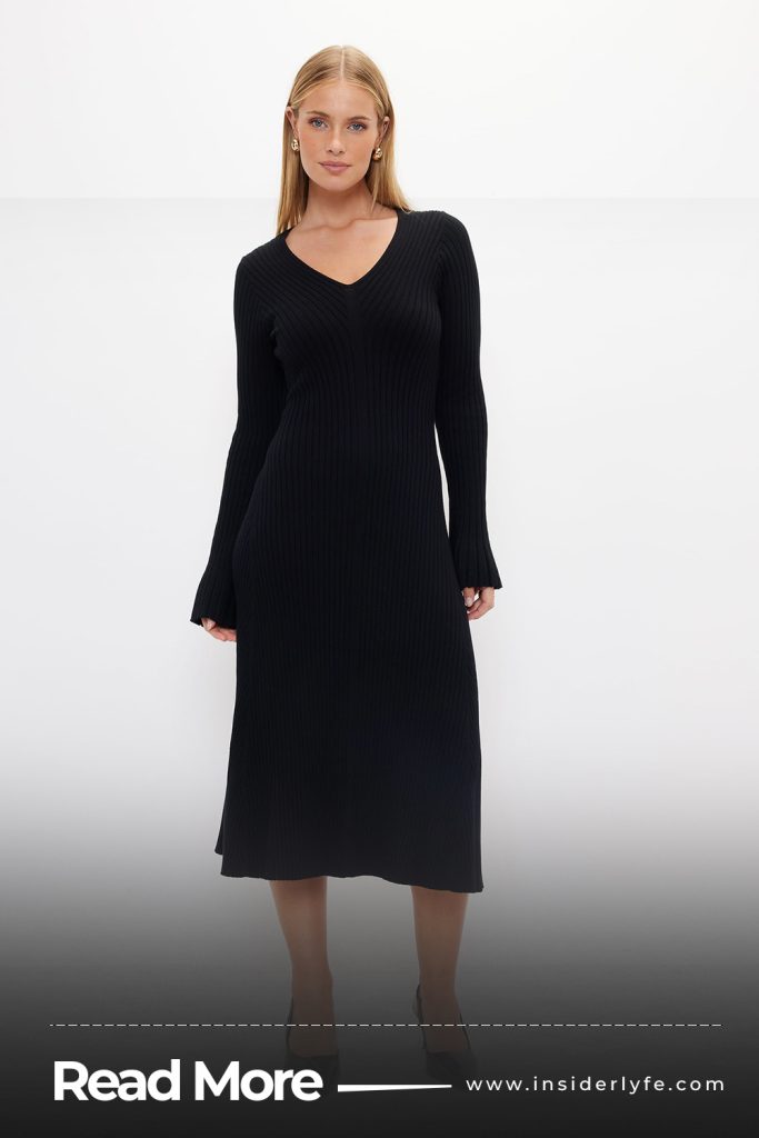 V neck knit midi dress