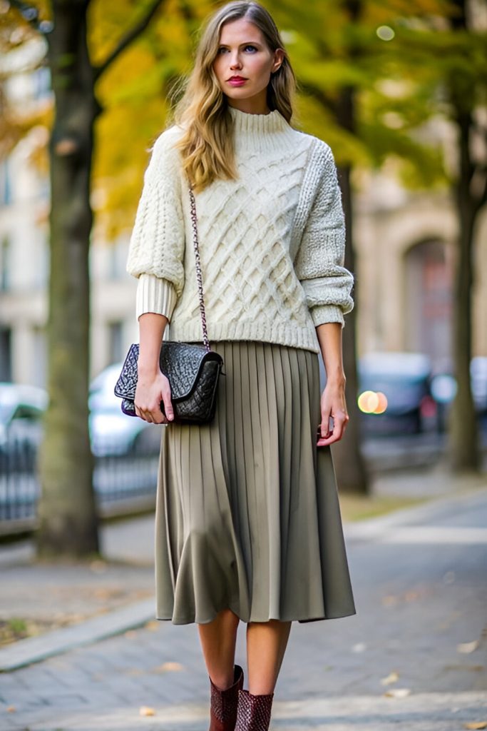 Cable knit sweater and midi skirt with knee high boots