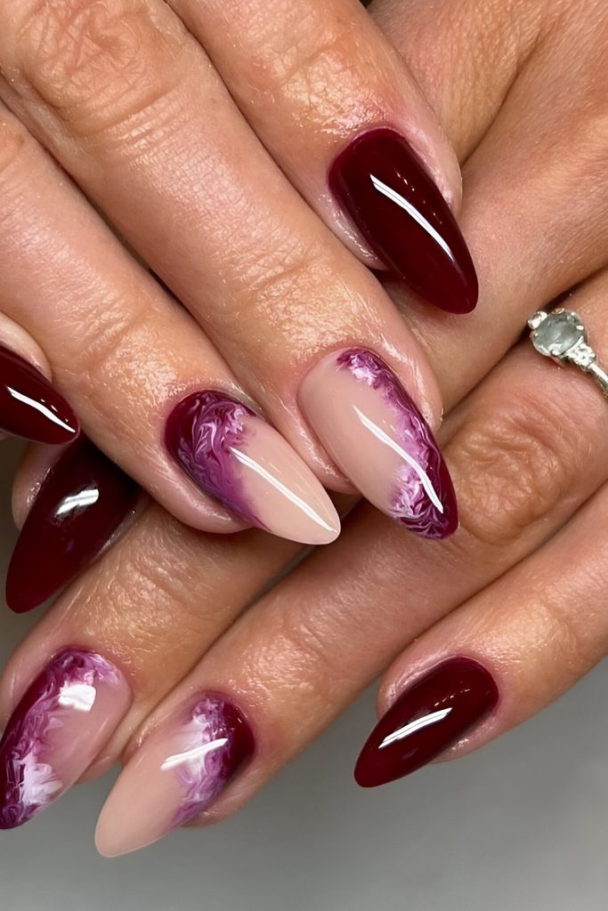 Cherry Mocha Marble Nails