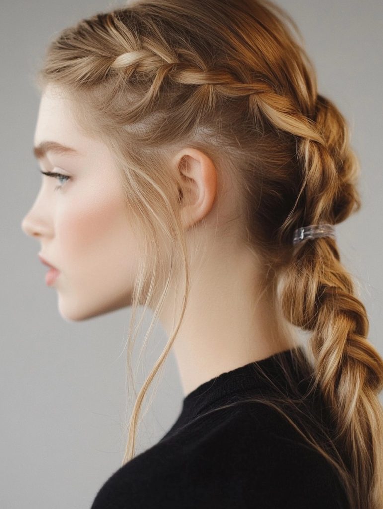 Combine two popular hairstyles in one with a half braided ponytail. Simply braid a small section of hair from one side of your head and secure it with a clear elastic.