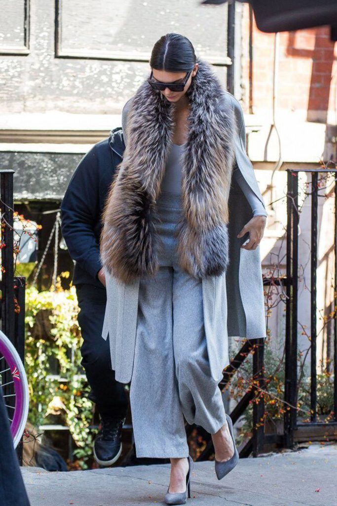 Leather jacket, Faux fur scarf Inspiration from Kendall Jenner