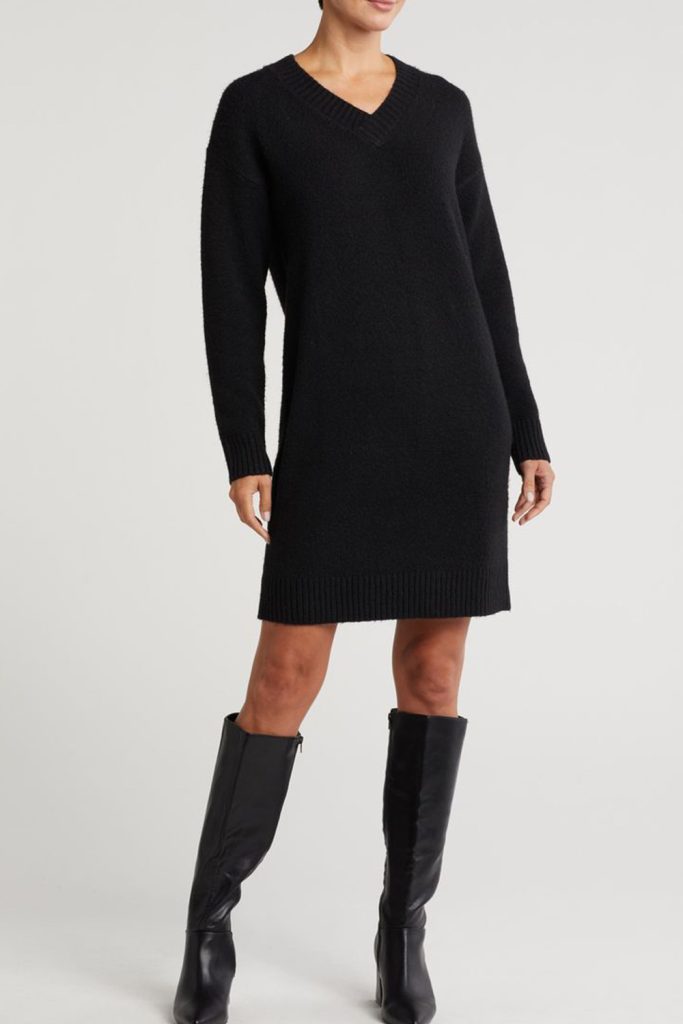 Little Black Dress with Holiday Knit Sweater