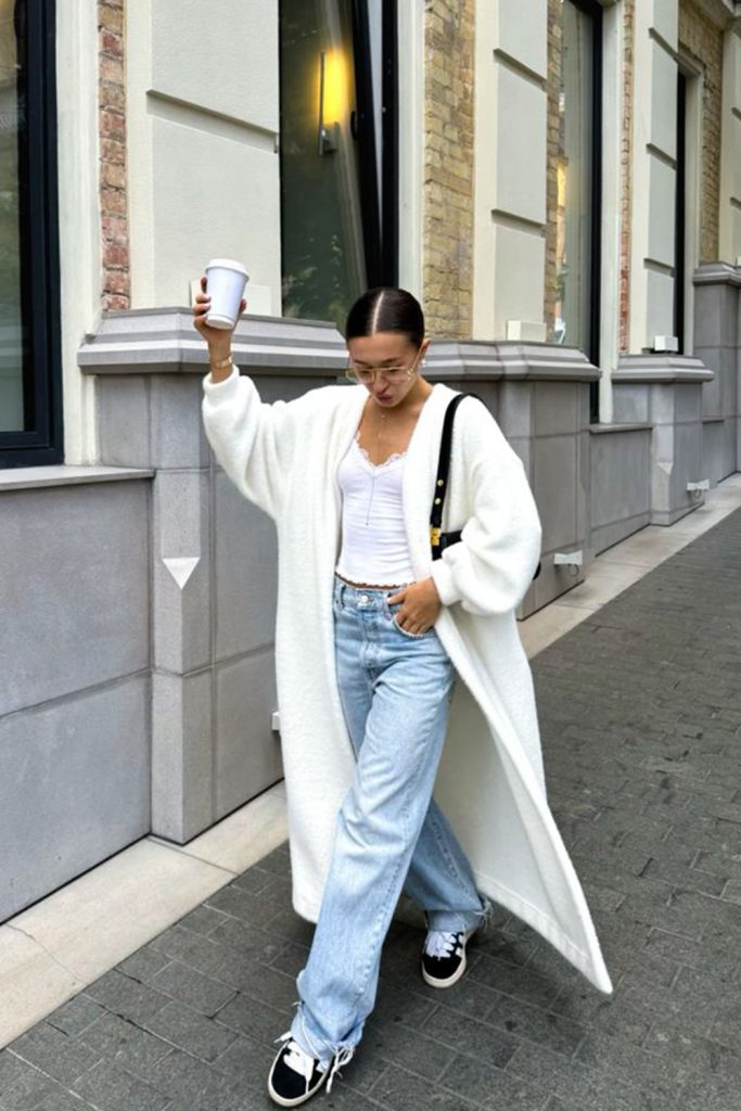 Long Cardigan over a Simple White Tee and Jeans