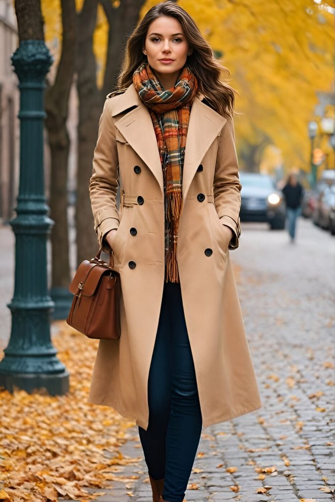 Long Wool Coat with Sweater and Scarf