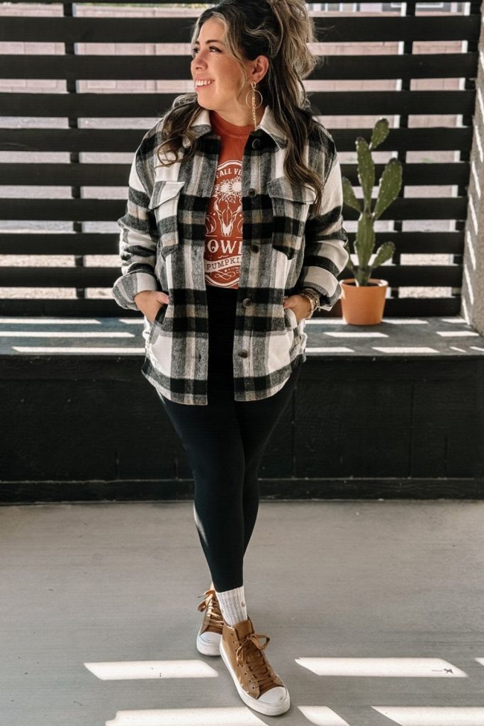 Plaid Shacket with Faux Leather Pants