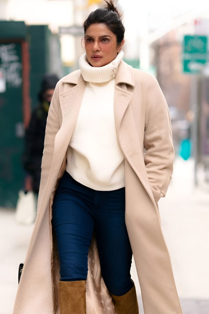 Priyanka Chopra turtleneck dress and over the knee boots