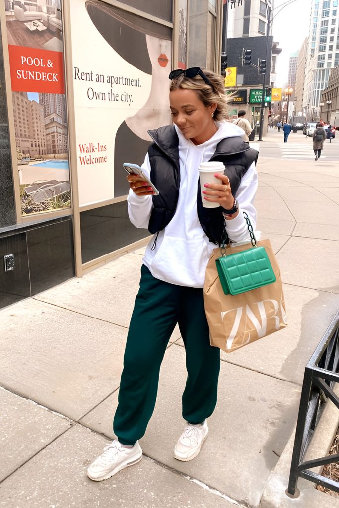 Puffer Vest with hoodie wide leg pants