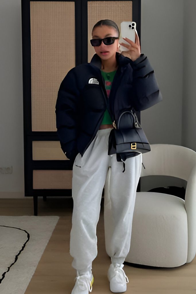 Puffer jacket and joggers for laid back days
