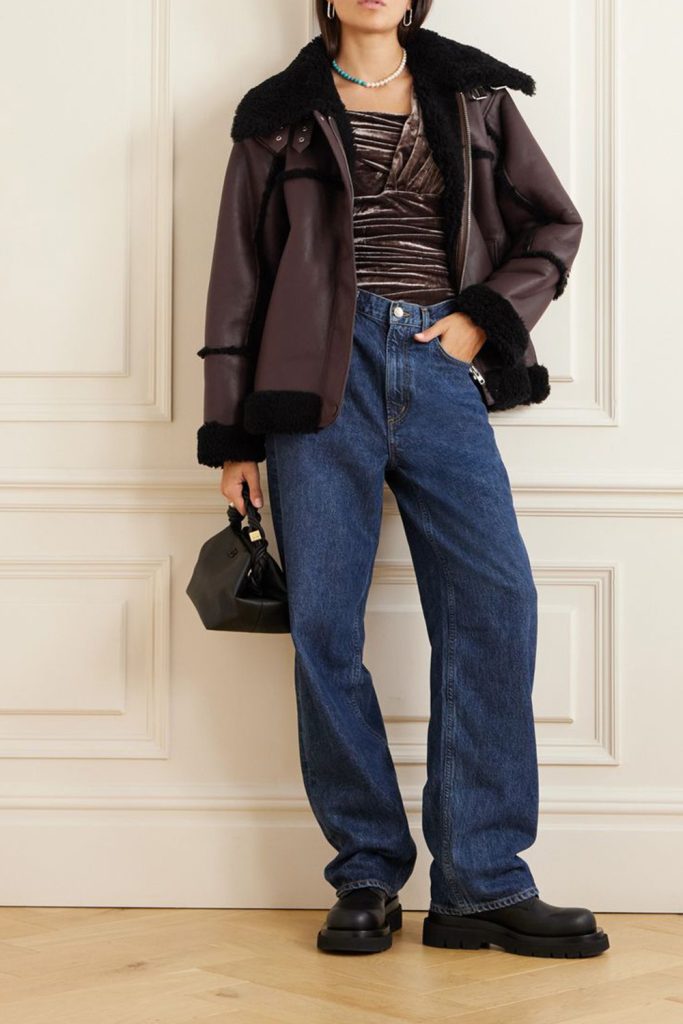 Shearling coat with wide leg pants