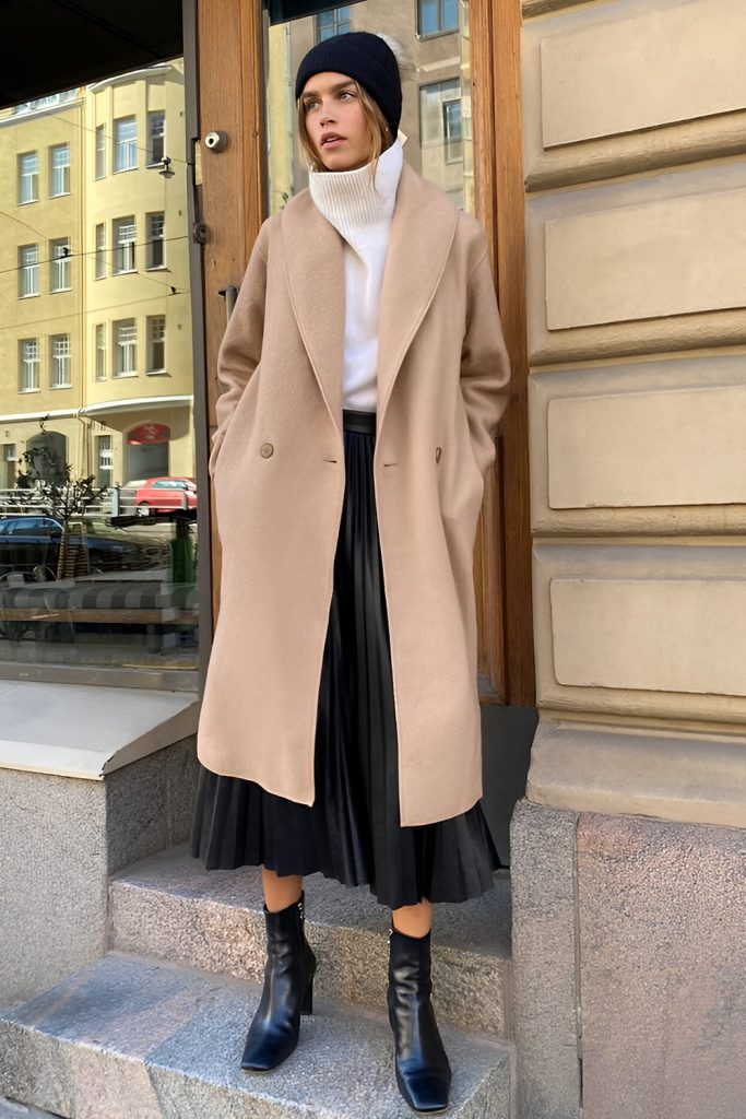 Turtleneck Sweater, Midi Skirt, and Ankle Boots