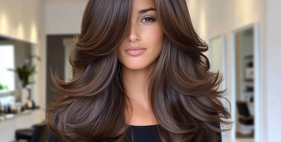 A woman with long luxurious layered hair styled in a butterfly haircut