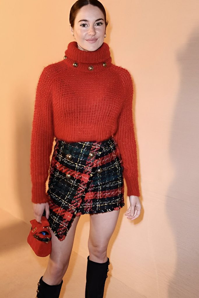 Festive Print Cardigan with Plaid Skirt