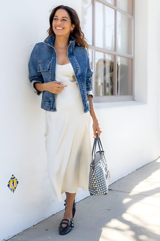 Knit cardigan and satin slip dress