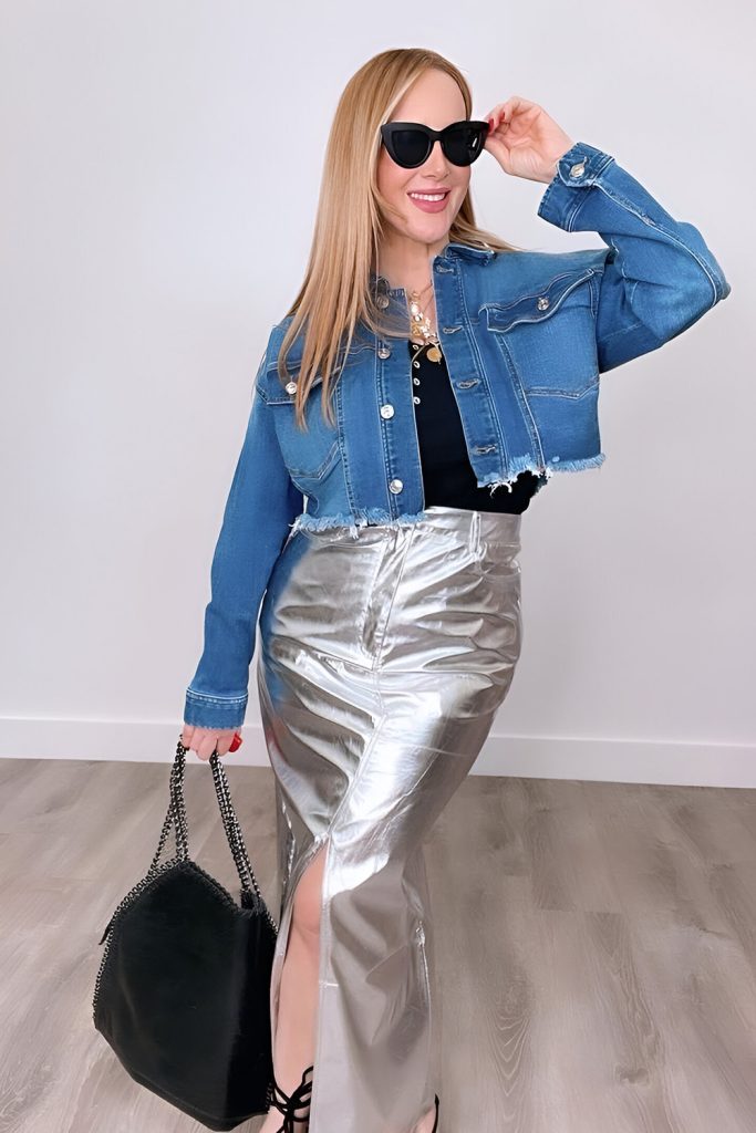 Metallic Maxi Skirt with a Wool Cardigan