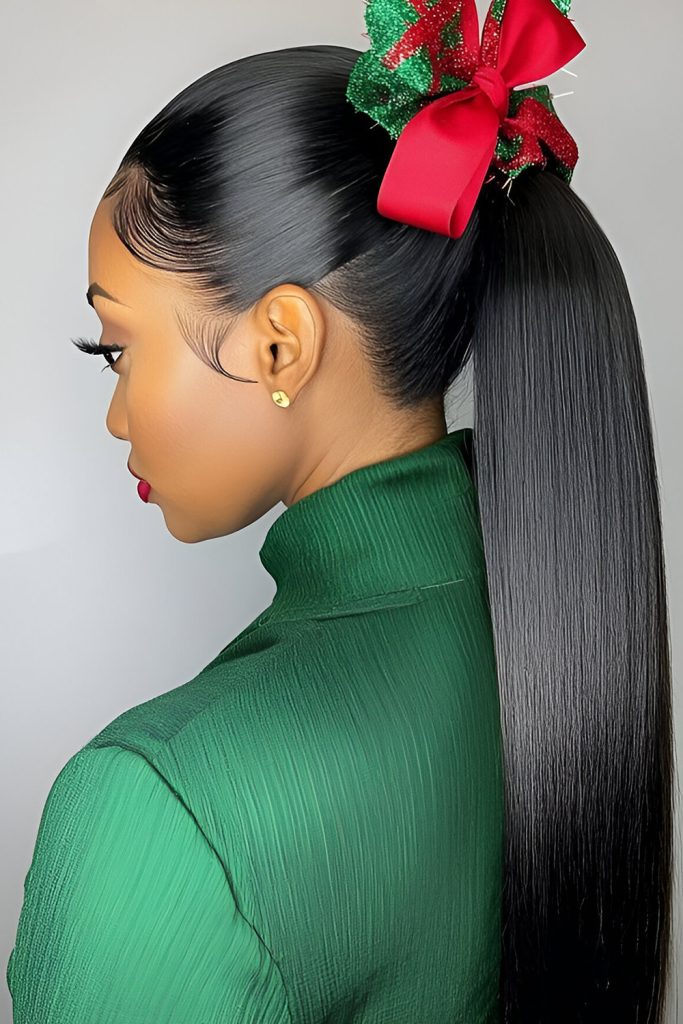 Sleek Ponytail with a Festive Bow