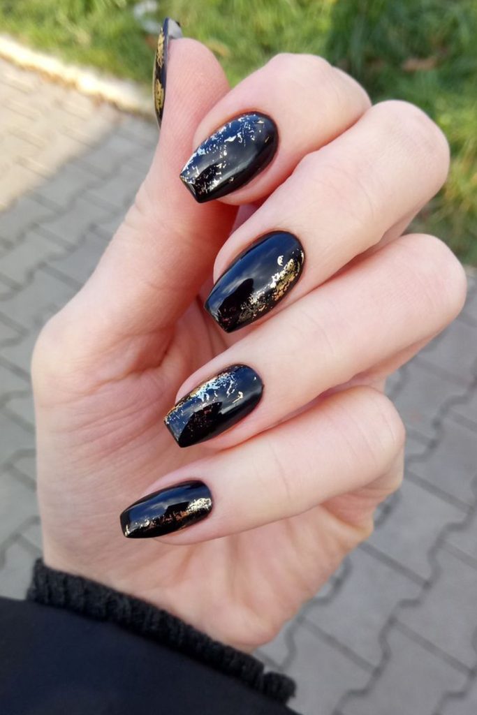 Black Nails with Metallic Foil