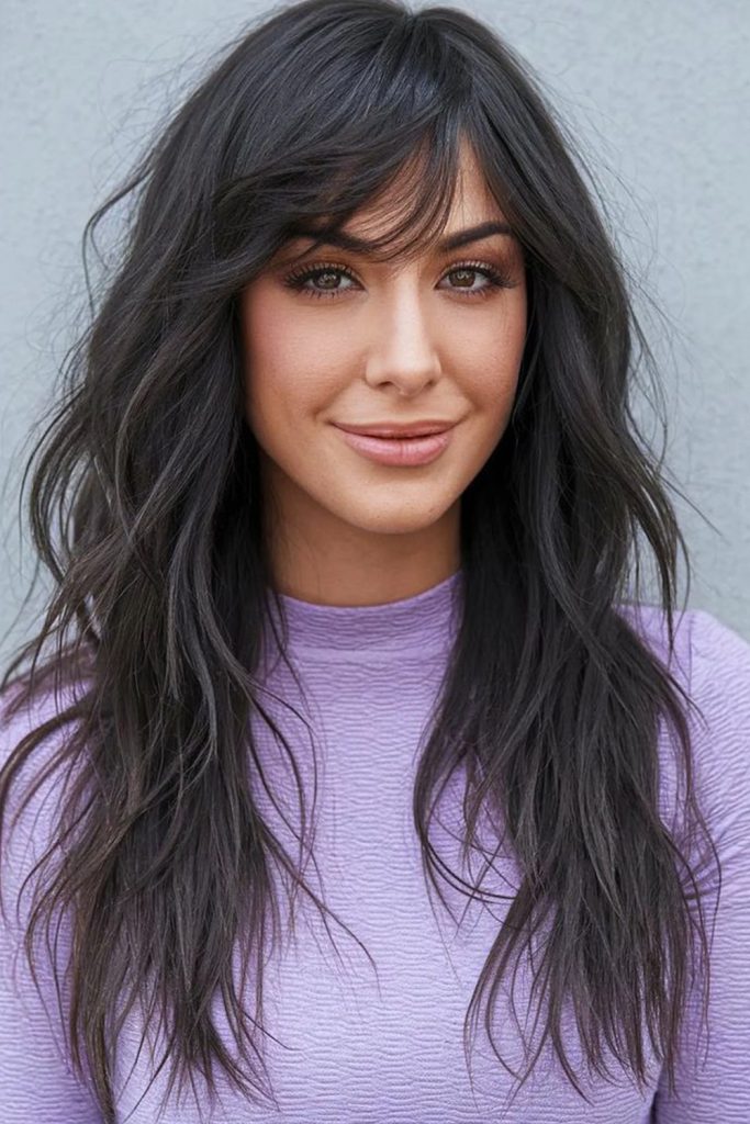 Long Wolf Cut with Soft Waves and Bangs