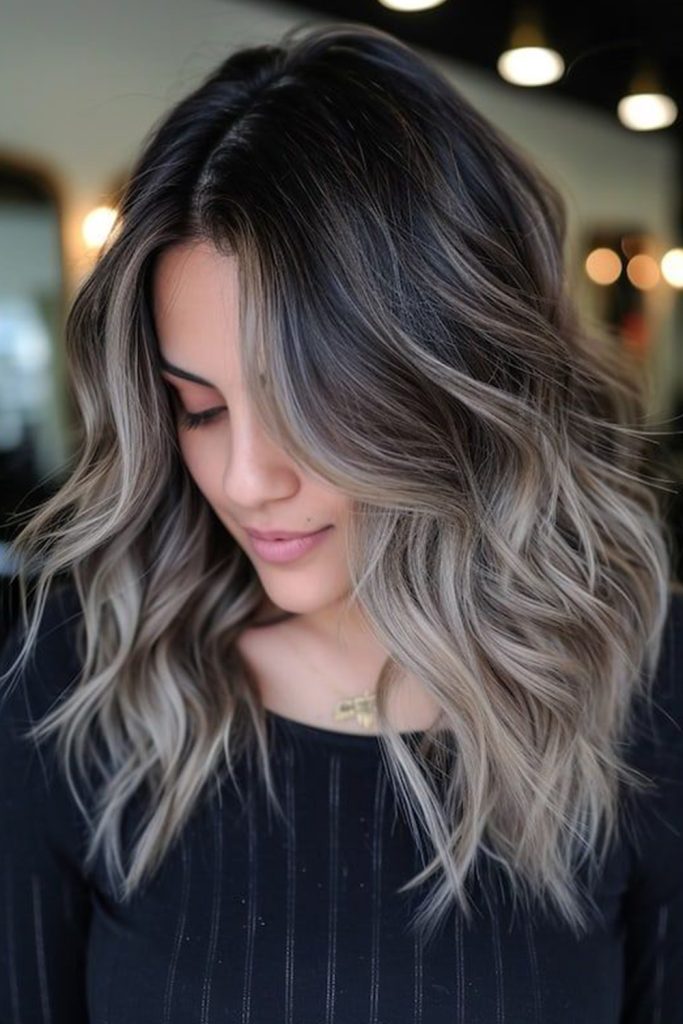 Mocha brown roots with Cool Ash Blonde melt