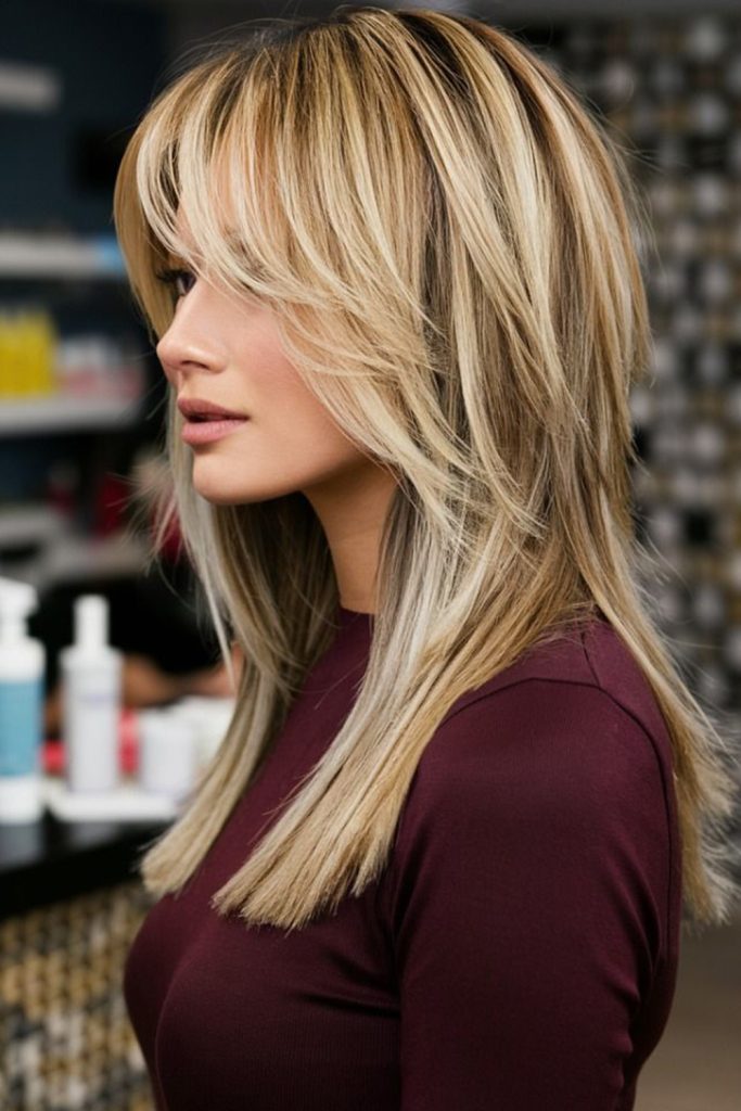 Straight Hair with Curtain Bangs and Choppy Layers