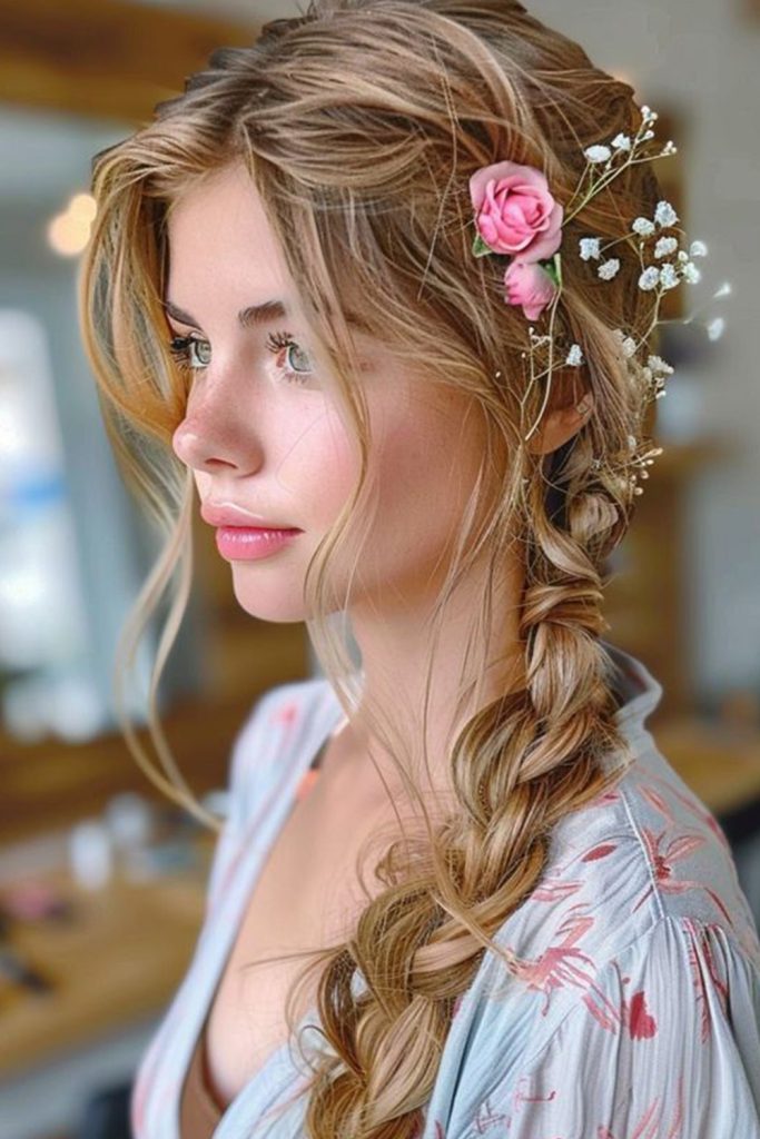 Side Fishtail Braid with Flowers
