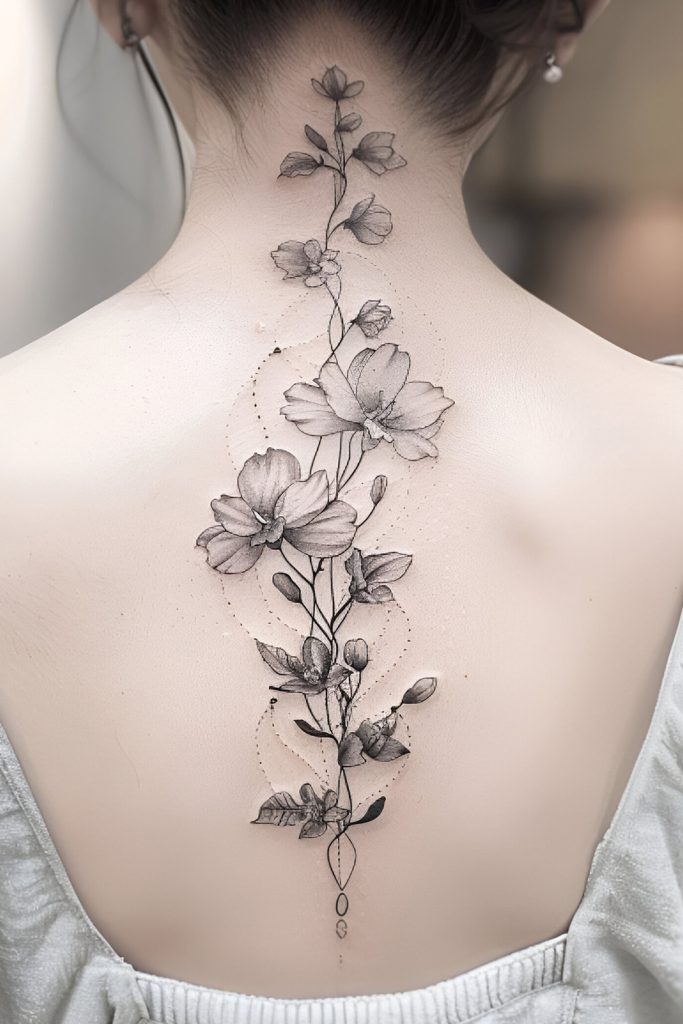 Delicate Floral Spine Tattoos