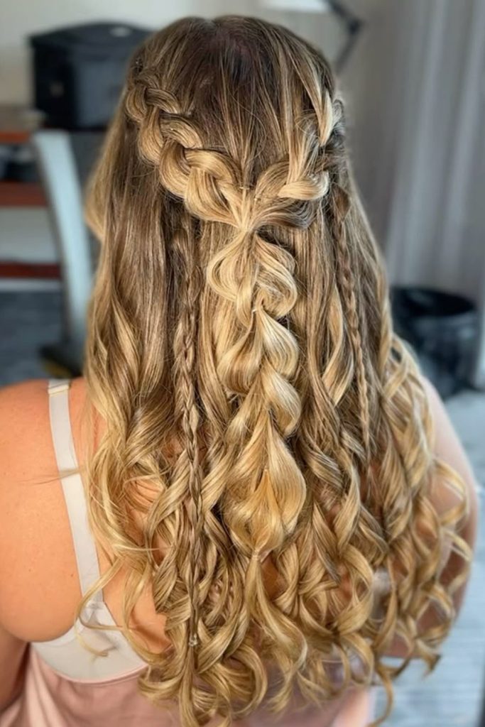 Double Braided Half Up Loose Curls Hairstyle