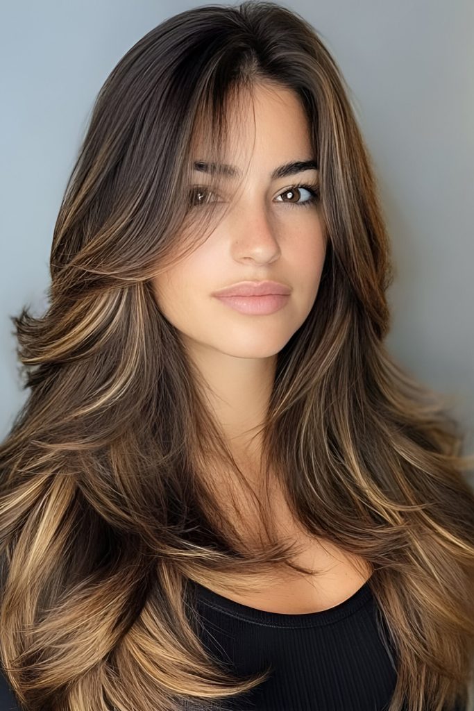 Long Layers with Curtain Bangs and Highlights