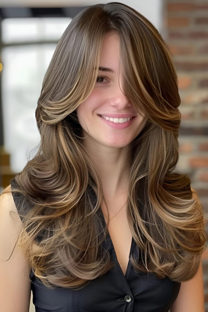Long, Voluminous Layers with Full Curtain Bangs