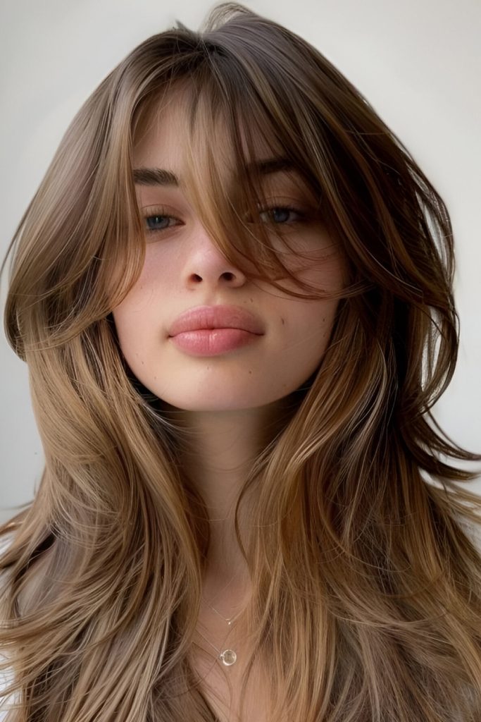 Low Key Face Framing Layers with Long Curtain Bangs