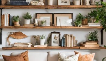 Open Shelving with Wooden Brackets Display Rustic Dishware in Style