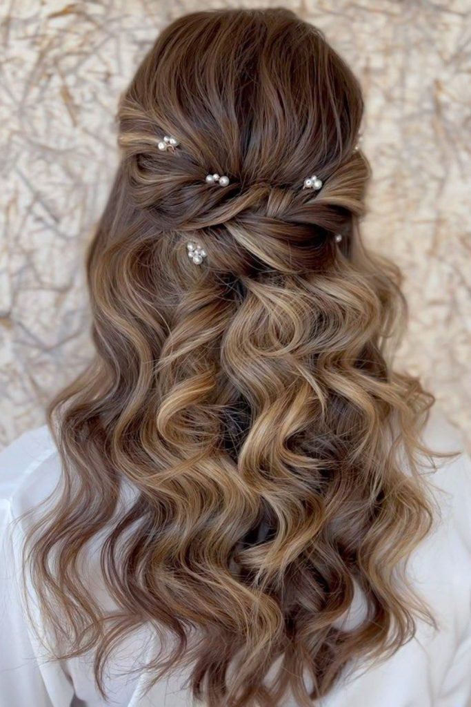 Pearl Pinned Half Updo with Loose Waves