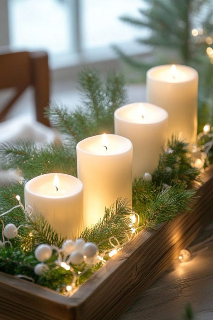Place a Decorative Tray with Seasonal Candles and Greenery