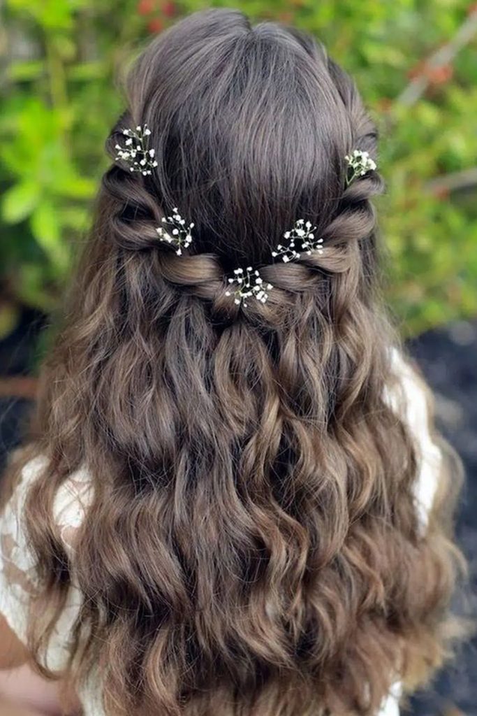 Soft Braided Half Updo with Baby's Breath