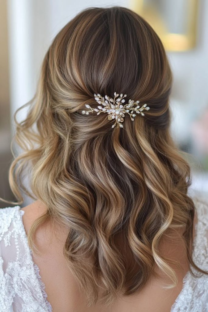 Textured Half Updo with Soft Waves, Hair Medium Har