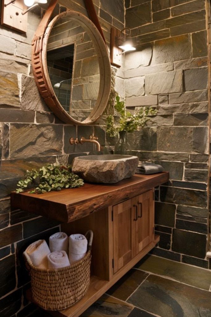 Wooden Vanity with Stone Sink A Natural and Elegant Rustic Touch