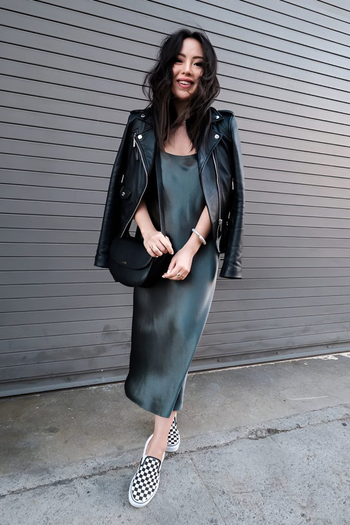 Black Slip Dress with Leather Jacket and Sneakers