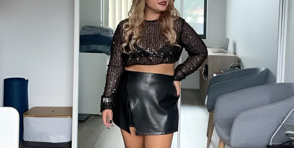 Long Sleeved Top Under a Leather Skirt