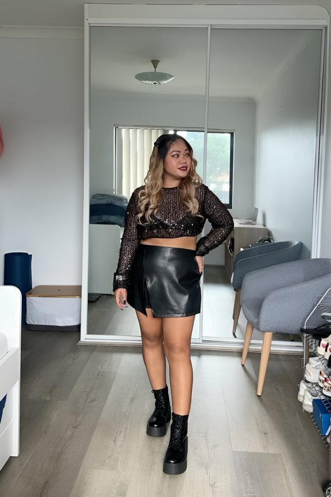Long Sleeved Top Under a Leather Skirt