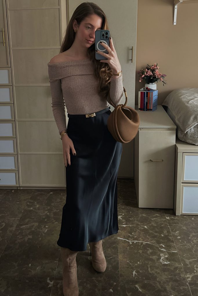 Off Shoulder Tops Meet Midi Skirts and Ankle Boots