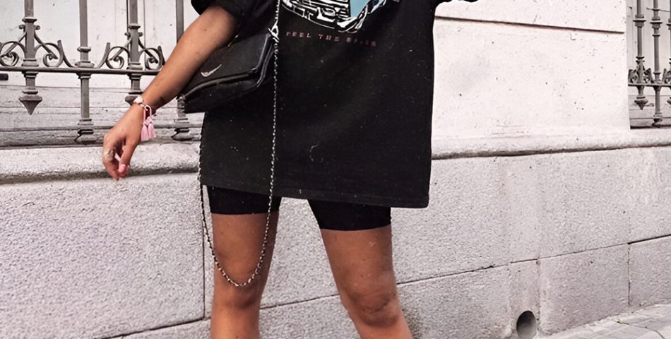 Oversized Flannel Shirt Paired with Bike Shorts and Chunky Boots