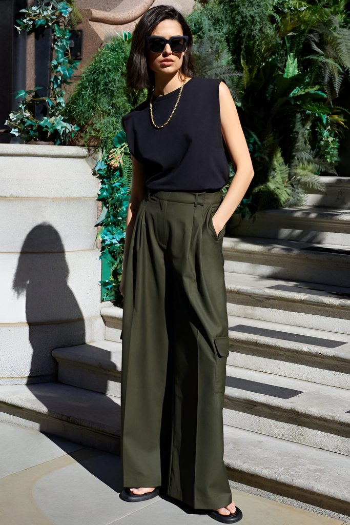 Sleeveless Blouses Worn with Wide Leg Trousers