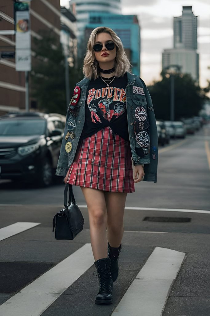 Studded Denim Vest and Plaid Mini Skirt