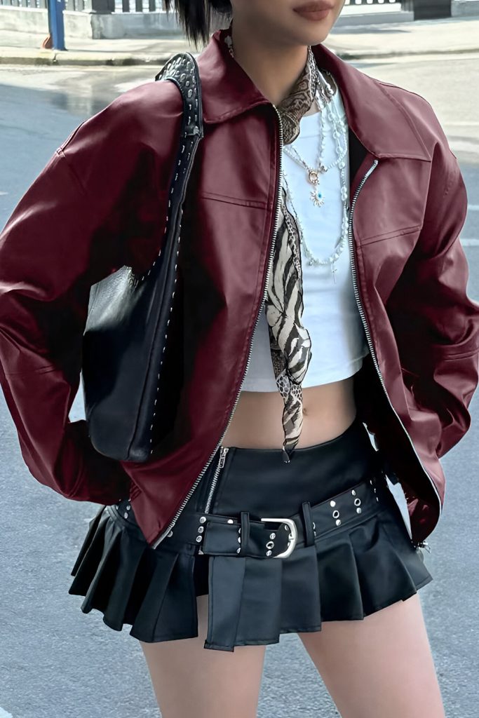 Cherry Red Leather Jacket Meets Graphic Tee