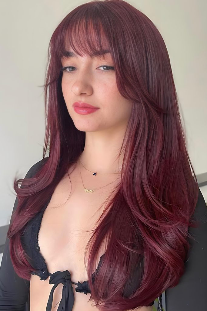Curtain Bangs in Dark Cherry Red