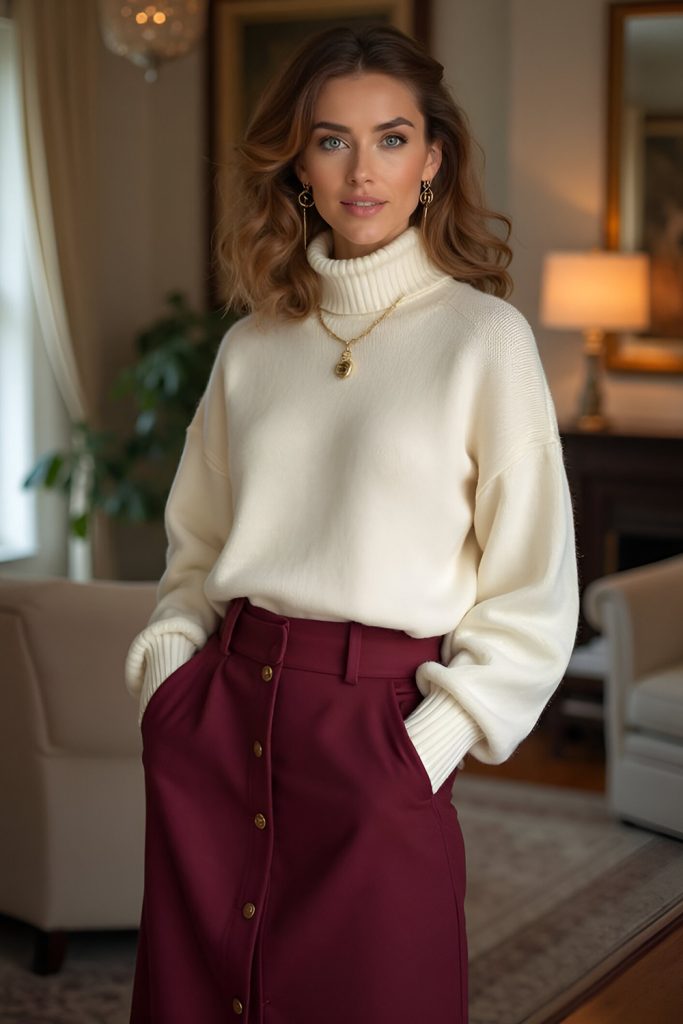 Elegant Meets Comfortable Cherry Red Pencil Skirt with Neutral Sweater