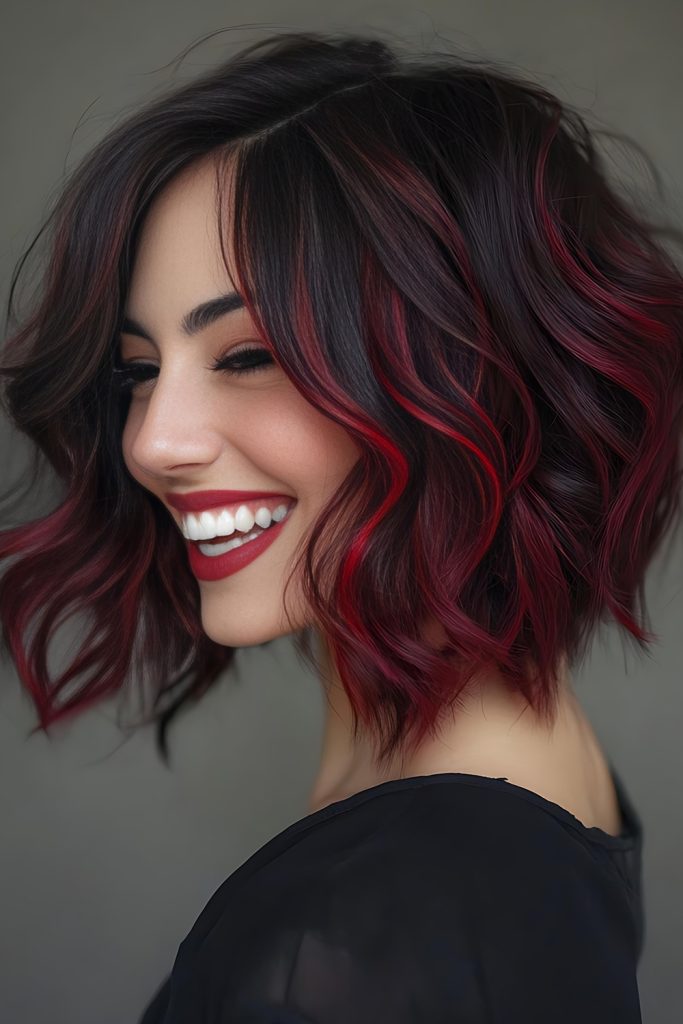 Peekaboo Cherry Red Highlights in a Bob
