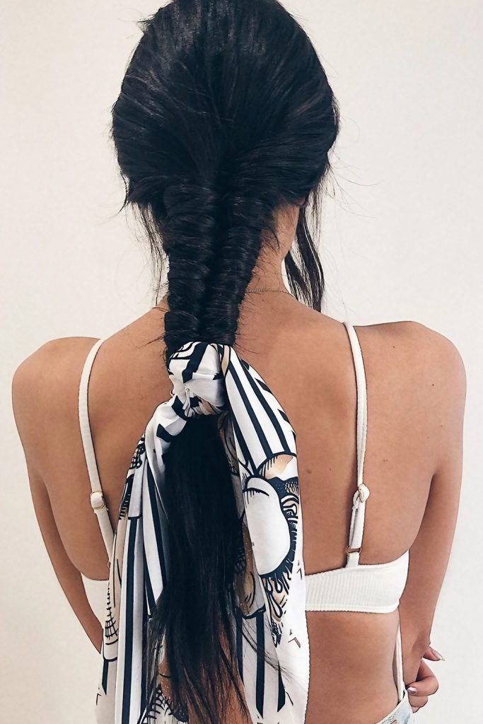 Side Fishtail Braid with a Silk Scarf Tie